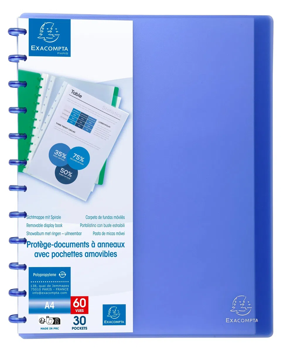 Exacompta - Ref. 86352E - Cartón de 4 protectores de documentos extraíbles con 30 fundas granuladas desmontables - 60 vistas - para A4 - Tamaño 24,5 x 31 cm - Tapa dura translúcida - color azul