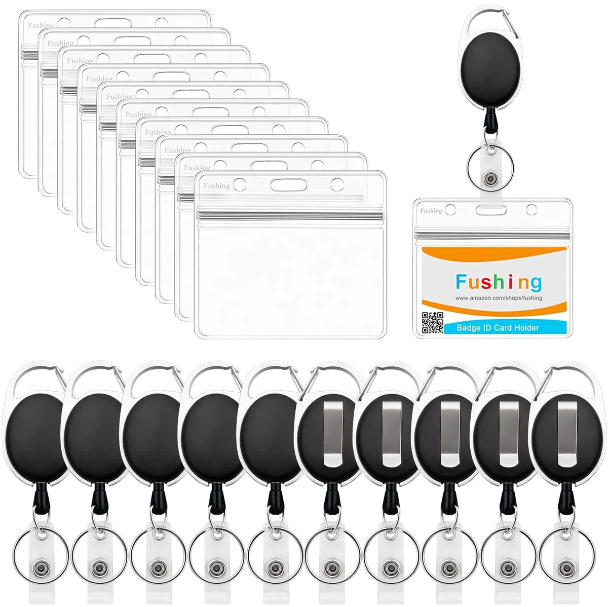 Fushing - Lote de 10 soportes retráctiles para tarjetas de identificación, de plástico transparente y resistente al agua, con carrete de insignia retráctil, mosquetón y anillo (Horizontal)