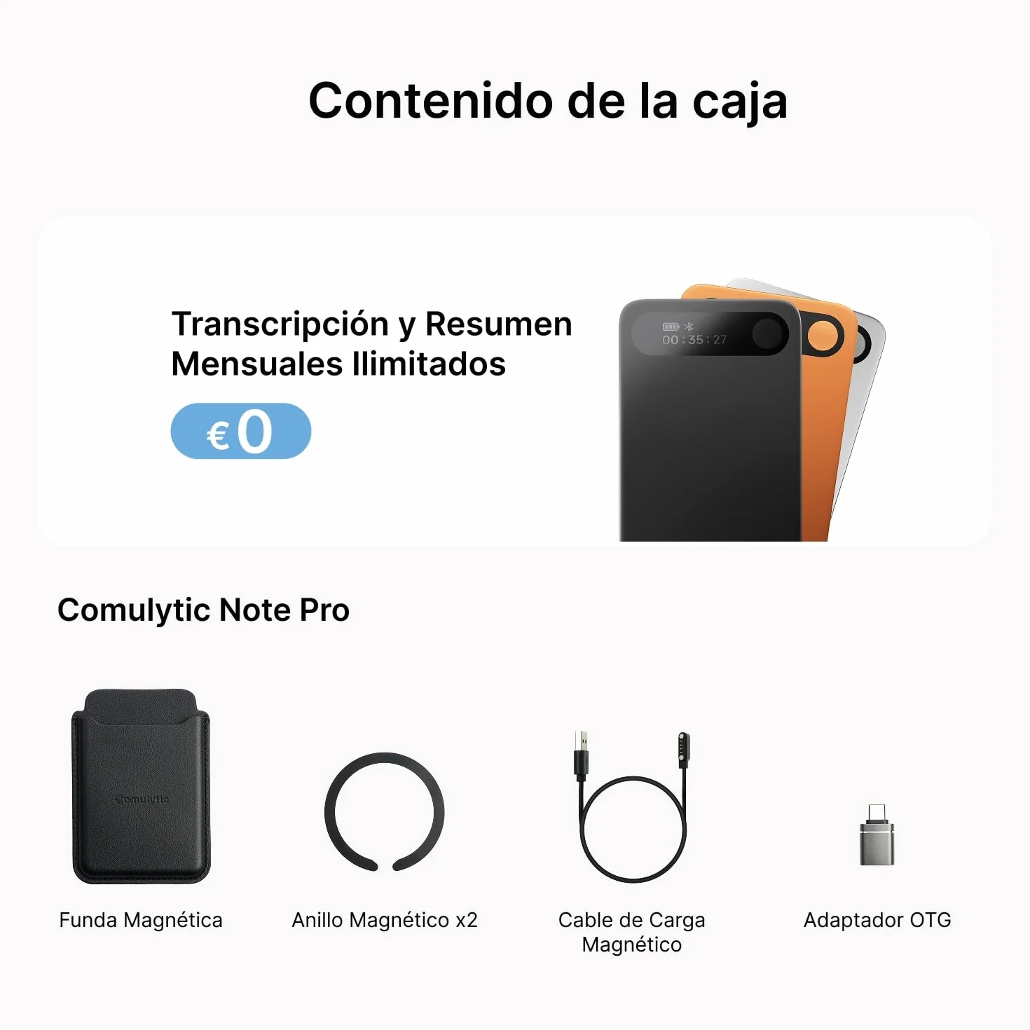 Comulytic Note Pro Grabadora de Voz AI Digital, Transcripción Ilimitada, Control App, 113 Idiomas, Negro