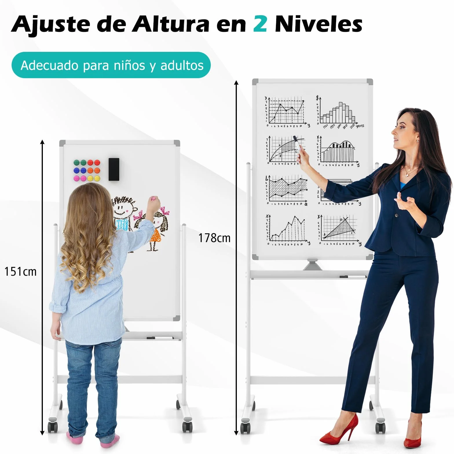 GOPLUS Pizarra Blanca Rodante Magnética 60x90cm Altura Ajustable 151-178cm Giratoria 360° Doble Cara
