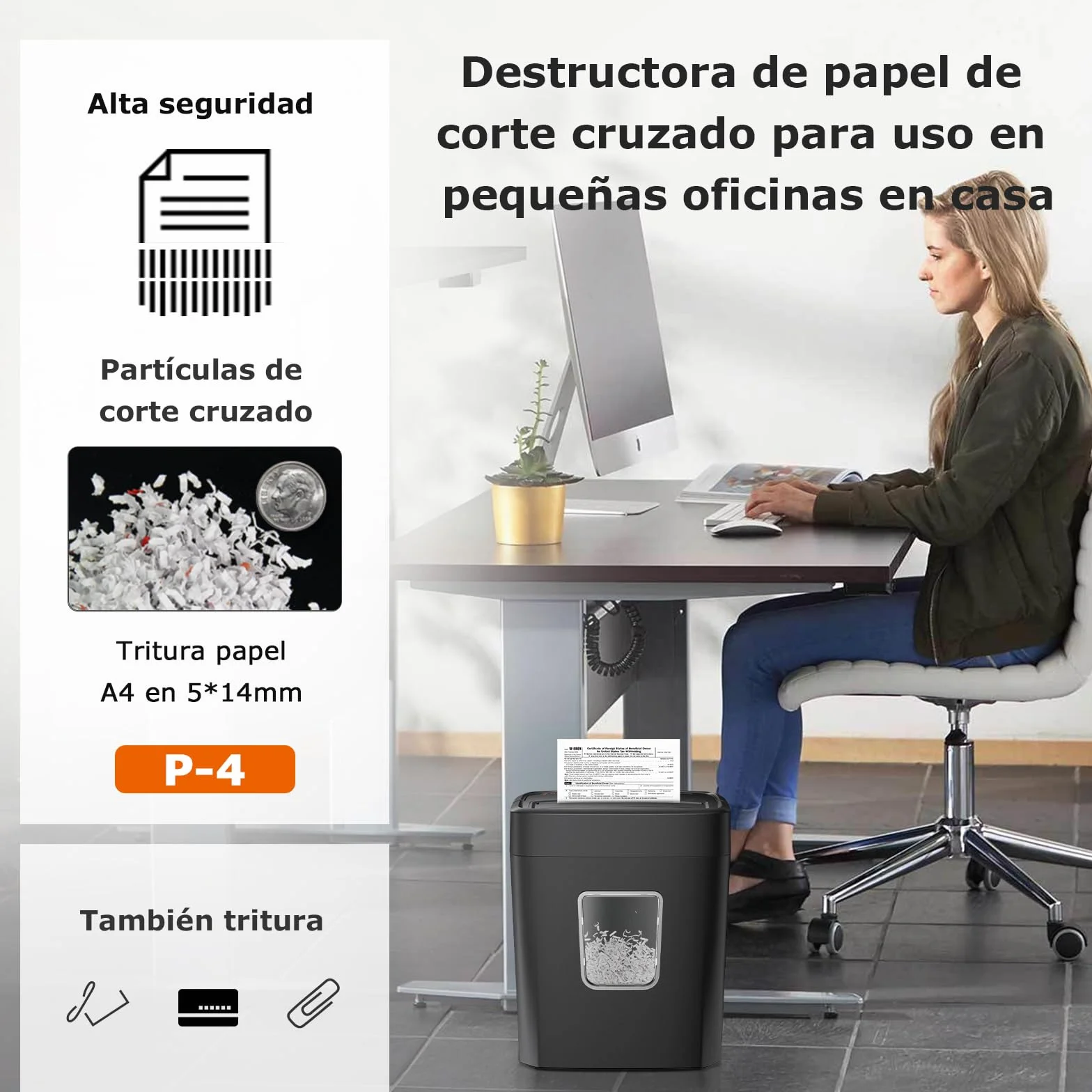 Bonsaii Trituradora de Papel 8 Hojas, Destructora de Papel para Oficina y Hogar, Nivel de Seguridad P-4, Corte Cruzado 5×14mm, Tritura Tarjetas de Crédito, Clips, Grapas, C261-C