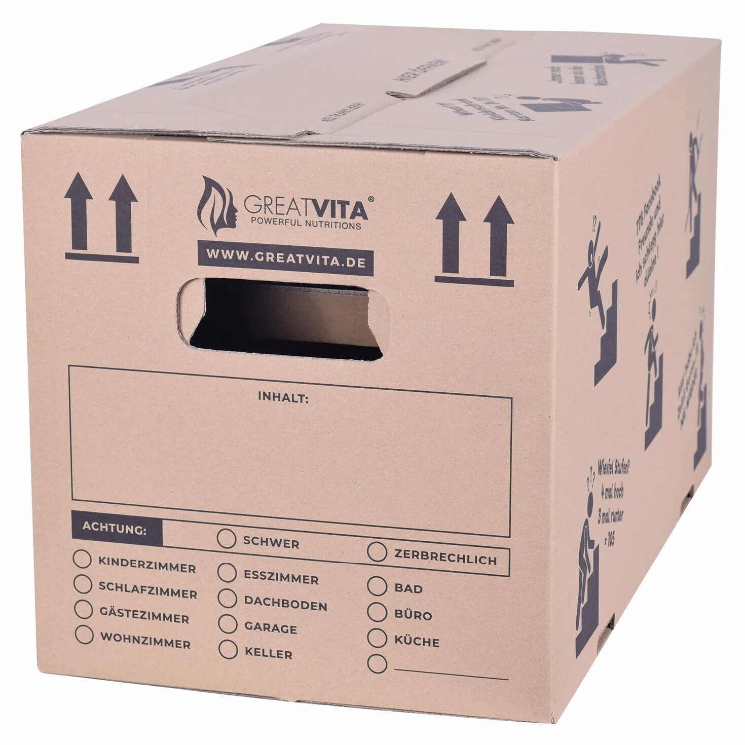 GreatVita - Cajas para mudanza (25 unidades, 2 ondulaciones, extra estables hasta 40 kg, 600 x 330 x 350 mm, cartón reciclado, montaje rápido sin cinta adhesiva, cajas móviles y archivbox con asas