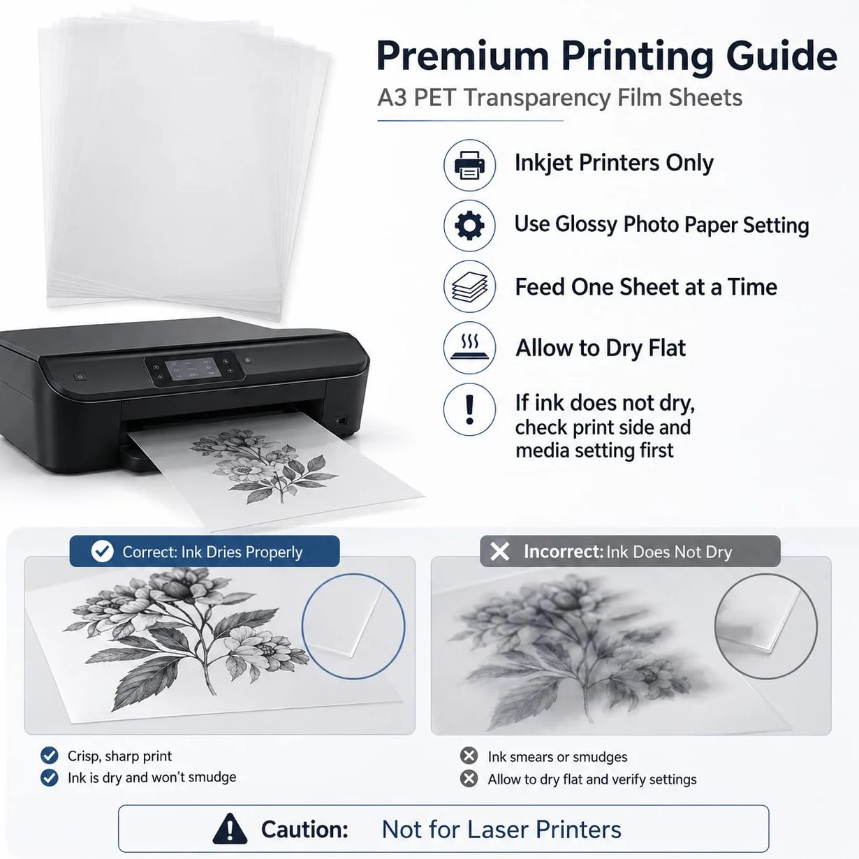 50 láminas de acetato transparente de inyección de tinta A3 de secado rápido, hojas de vinilo A3 para impresoras de inyección de tinta, proyector superior, impresión de pantalla, 420 x 297 x