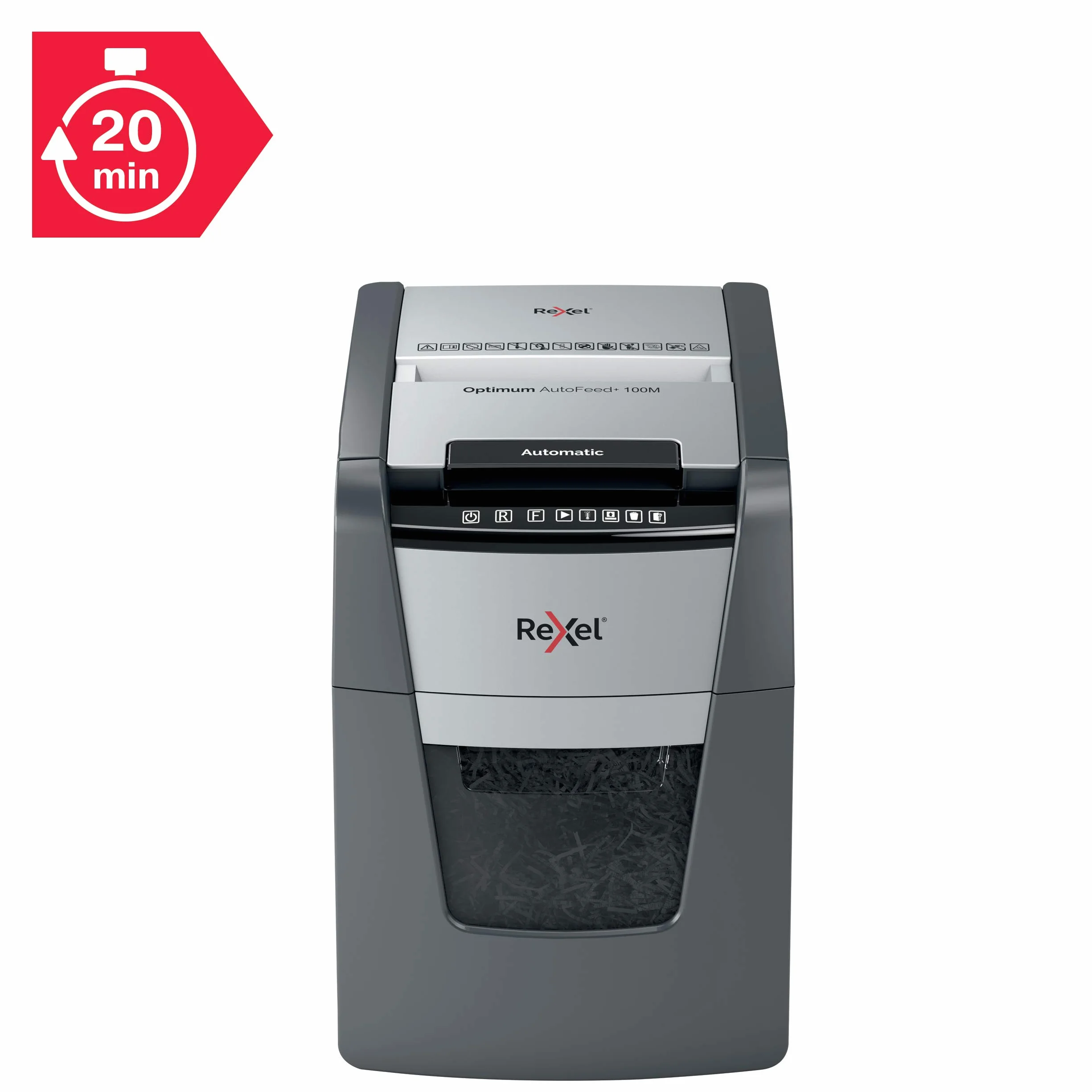 Rexel 2020100MEU - Destructora de Papel Automática Optimum AutoFeed 100M, Microcorte P-5 (2x15 mm), 100 Hojas A4, Papelera Extraíble 34L, Destruye Grapas y Clips, Oficina