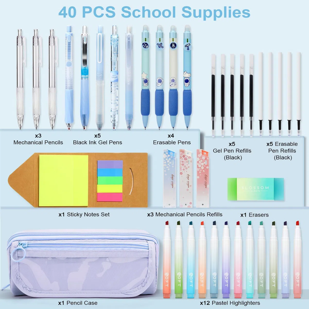 OPPZZIT Bolígrafos de Gel Borrable, Set de 63 Material Escolar Estético con 5 Bolígrafos de Gel, 12 Subrayadores Pastel, 6 Portaminas, 1 Estuche Azul, Papelería Bonita & Regalos Cumpleaños