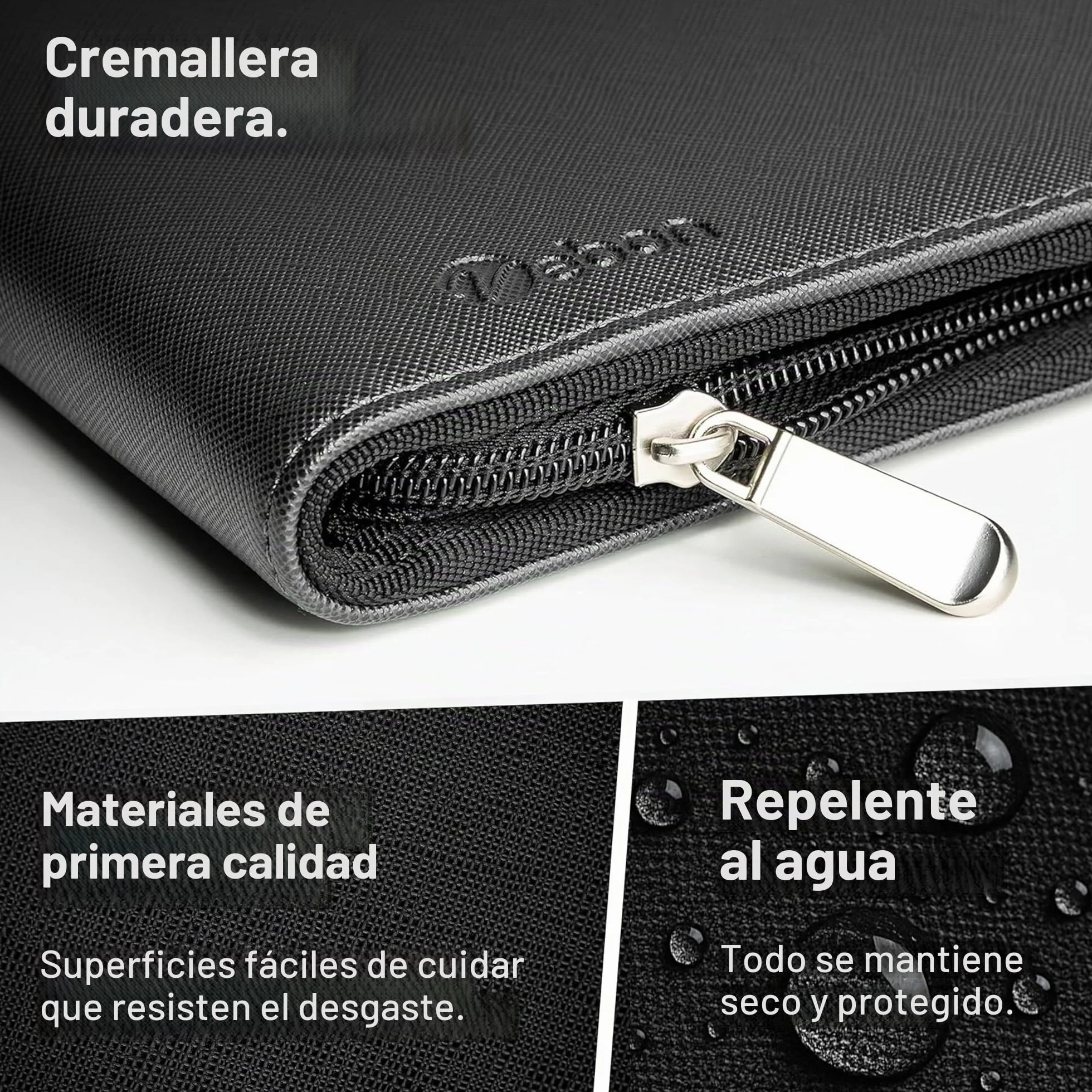 Vebon London Carpeta para documentos, tamaño A4, piel vegana, con cremallera, 2 en 1, carpeta y bolso para portátil, soporte para smartphone, negro