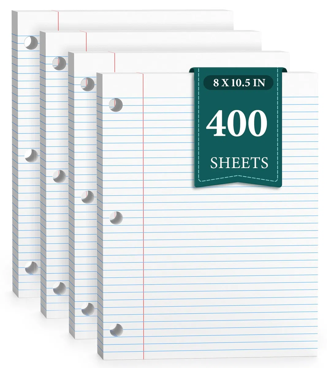 Papel de hojas sueltas con rayas universitarias, papel de perforación de 3 agujeros de 8 x 10.5 pulgadas, papel de cuaderno reforzado para carpetas de 3 anillos, papel rayado universitario, 100