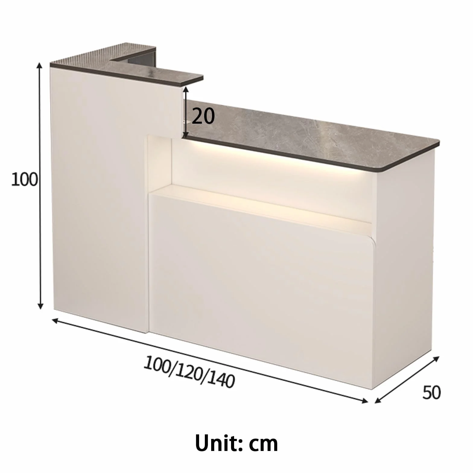 Mostrador de recepción Moderno con cajones con cerradura y vitrina iluminada 120cm Blanco