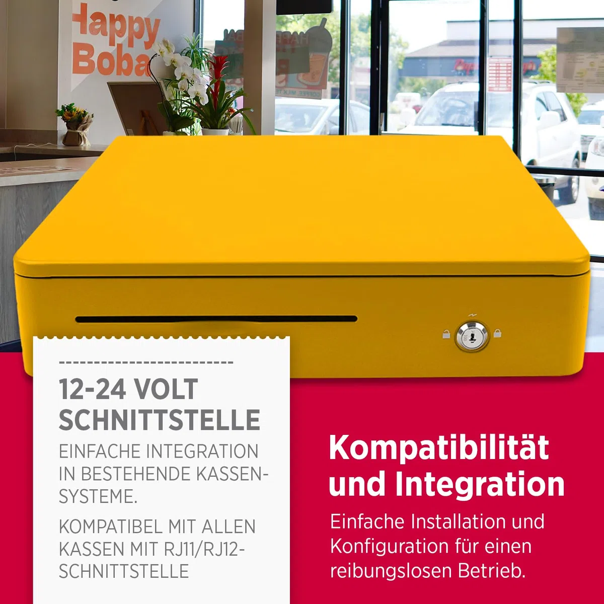 Olympia M 405 amarillo | Cajón para efectivo con 8 compartimentos para monedas y 4 compartimentos para billetes | robusta base de metal | caja registradora con cerradura y conector RJ11/RJ12