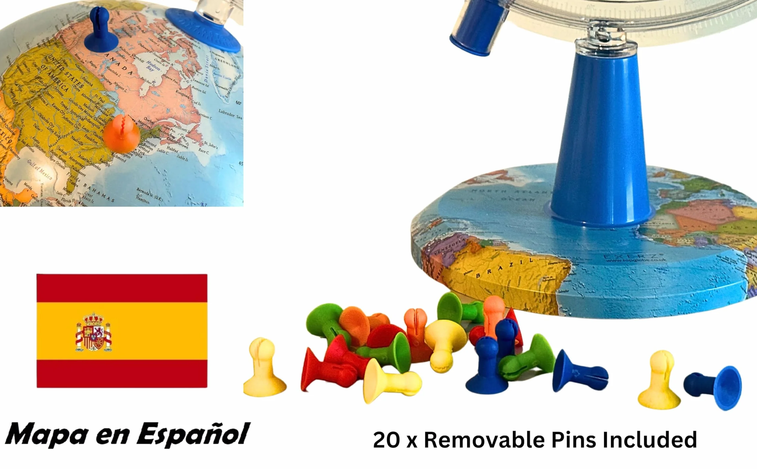 Globo Terráqueo Iluminado 20 cm Mapa Español USB Con Pines | Luz LED USB Type C Base Gráfica 20 Pines Extraíbles Para Escritorio Escuela Habitación Y Regalo Educativo