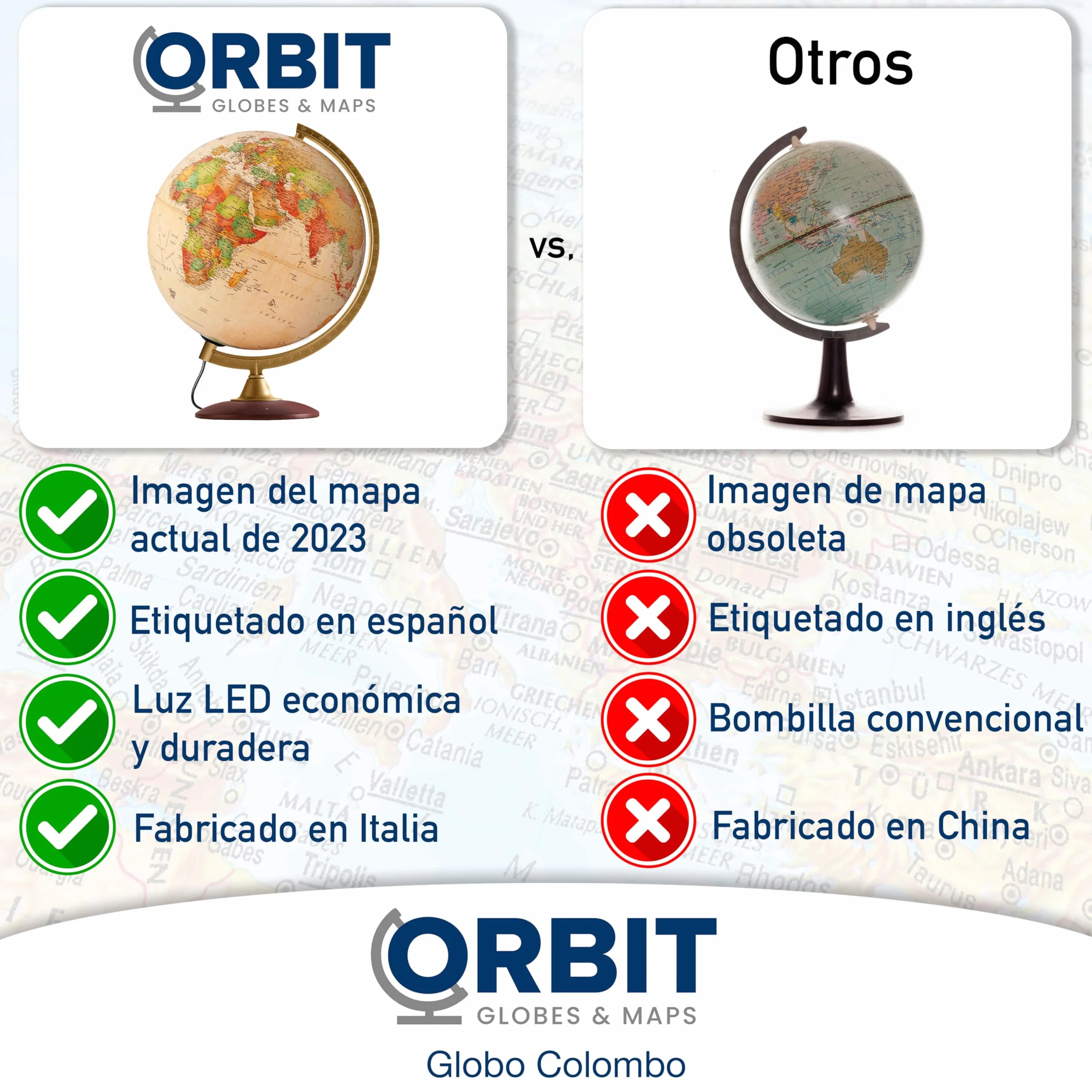 Globo terraqueo Iluminado 30cm, Pie de Madera, Cartografía en el Estilo Antiguo, Idioma español