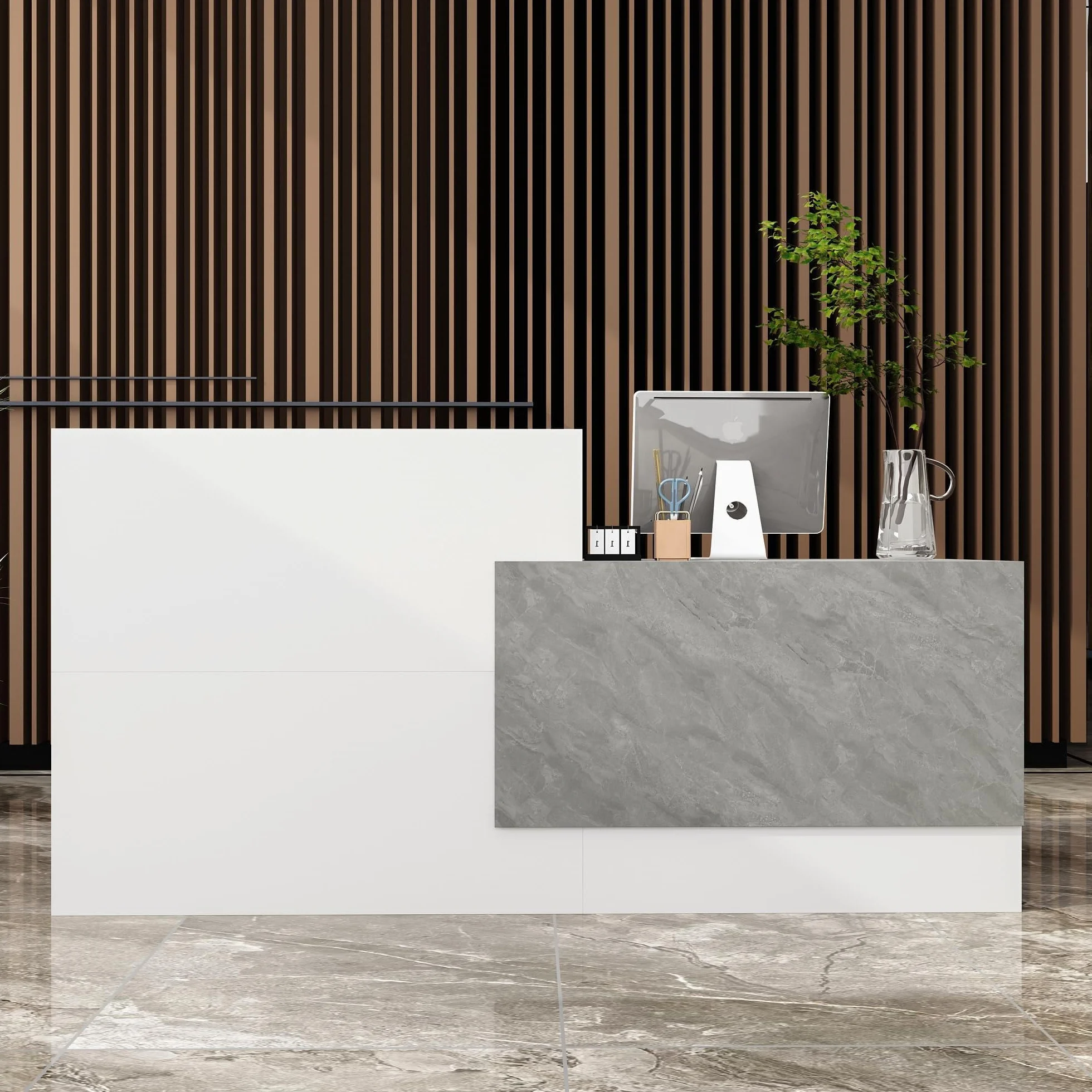 Mostrador de recepción, mostrador de recepción con 6 estantes, mostrador de recepción, mostrador de tienda, mostrador de venta con cajón de teclado, mueble de recepción, MDF, 220 x 60 x 110