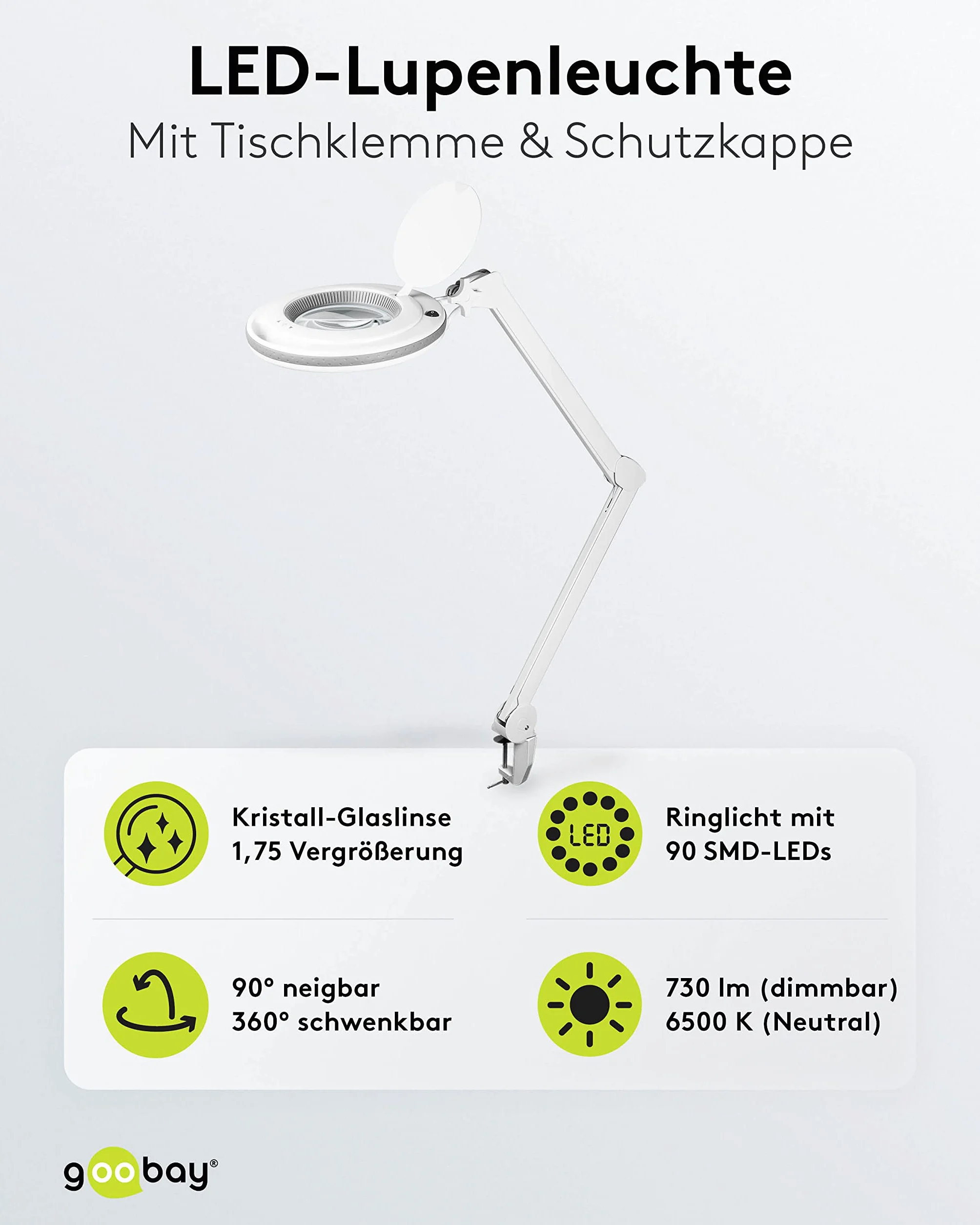 goobay 60362 Lámpara lupa LED con pinza / 9 W de consumo/lente de cristal de 127 mm/temperatura de color 6400 K / 1,75 aumentos/flujo luminoso 83-730 lumen/blanco