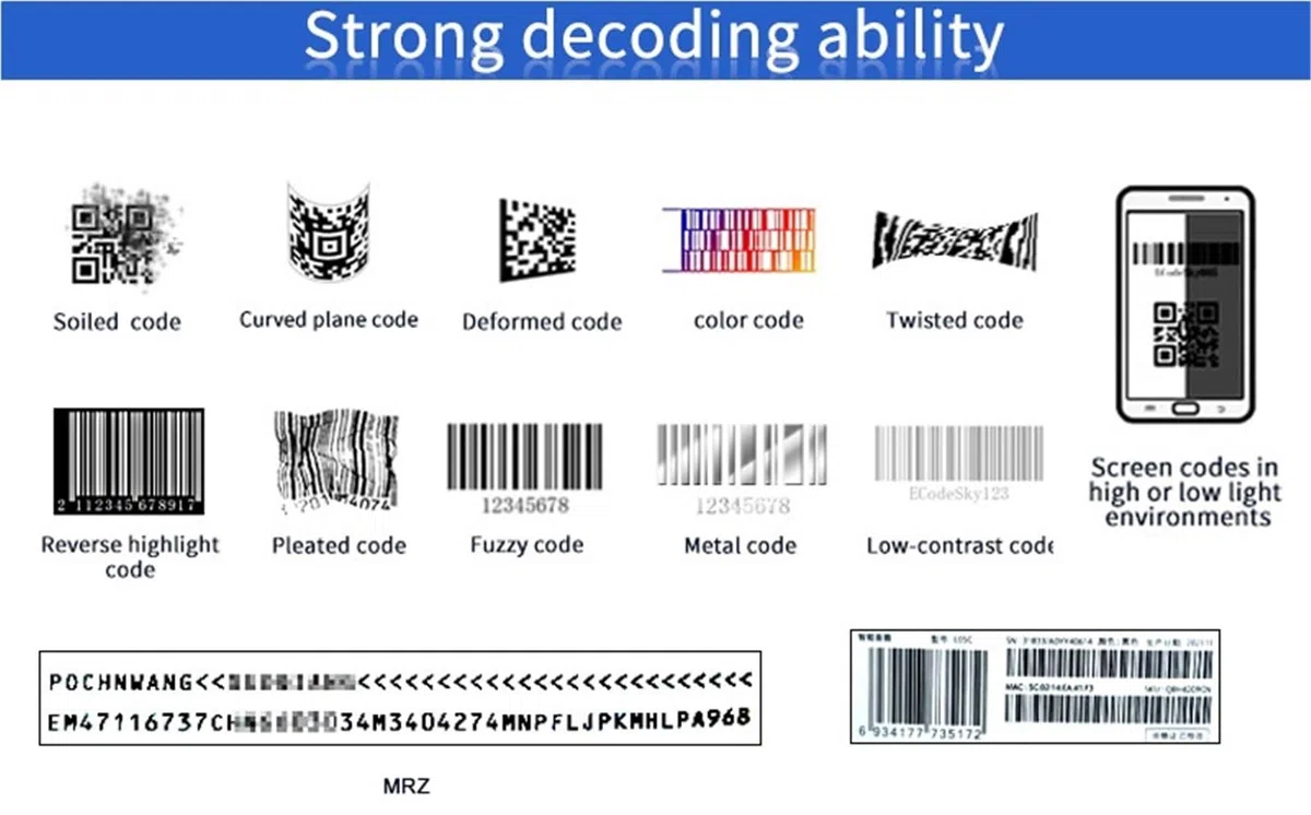 Lector de pasaportes Escáner Tarjetas identificación, escáner códigos QR con Barras Integrado NFC OCR MRZ Almacén Logístico