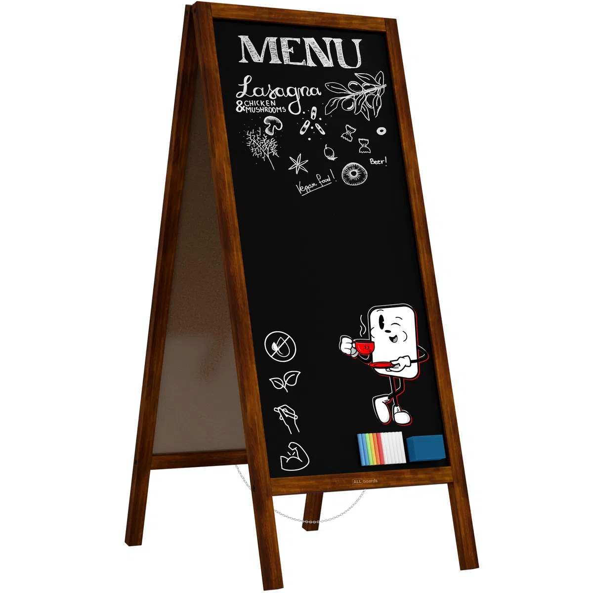 ALLboards Pizarra Caballete Con Marco De Madera Barnizado 150x61cm, Pizarra De Tiza De Acera Para Anuncios