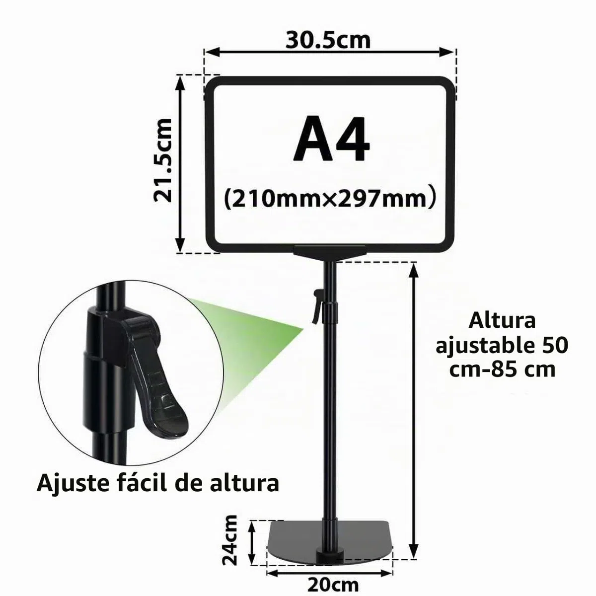 Paquete de 2 soportes ajustables para carteles A4, soporte reutilizable para letreros publicitarios de menús de negocios, soporte de exhibición para vista vertical y horizontal, negro