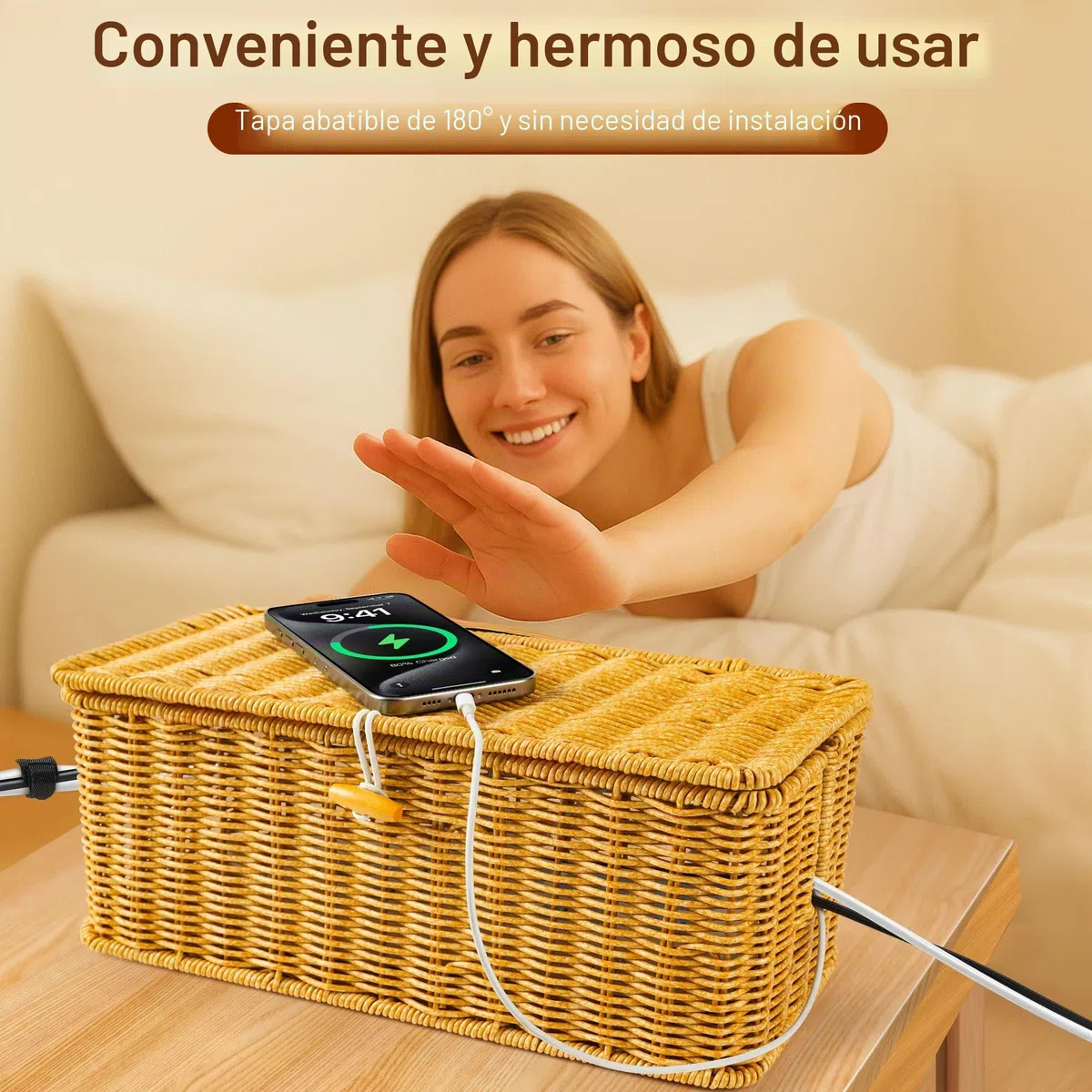 Gucass Juego de 2 Organizadora Cables de Ratán, Cajas Guarda Cables con Tapa, Caja para Cables con 10 Bridas, Organizador Cables Caja para Ocultar Regletas de Enchufes y Cables, para Oficina, Hogar