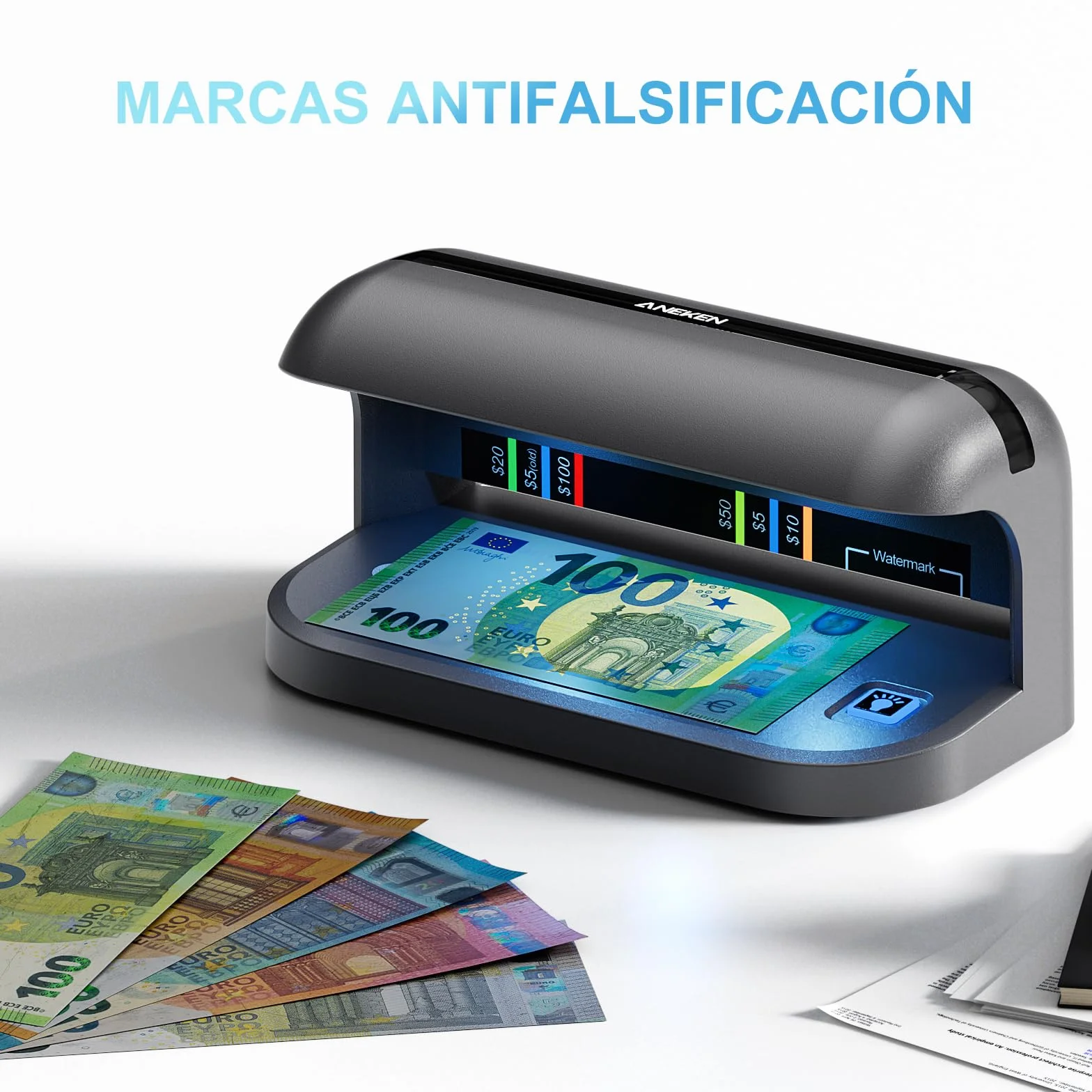 Detector de billetes falsos Aneken AL-17 con 2 lámparas UV LED de 1800 lúmenes, verificador de billetes UV para tarjetas y documentos de identificación, apto para euros y todas las divisas