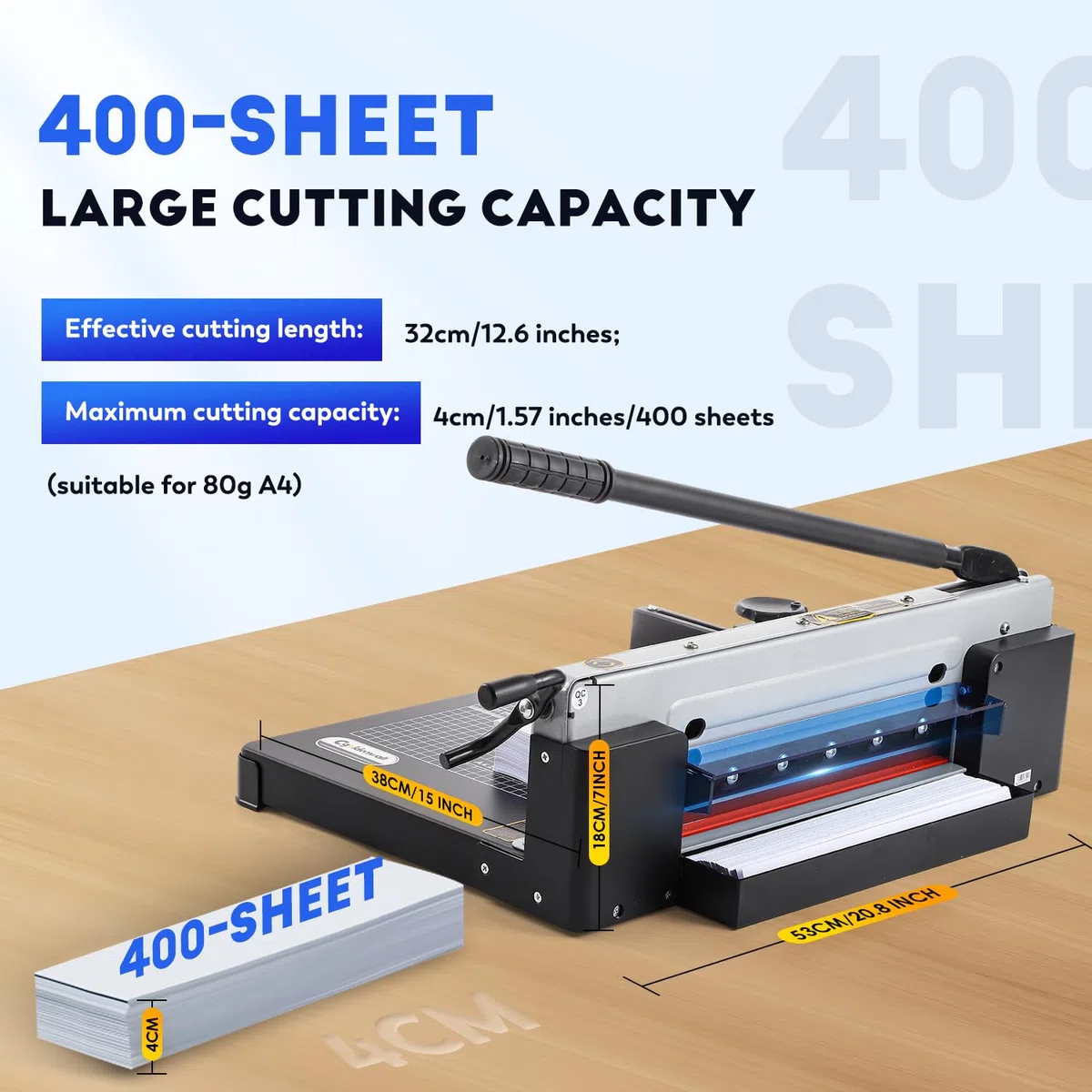 CGOLDENWALL Guillotina de Papel Profesional A4, Corte para 400 Hojas | Posicionamiento mediante Línea Roja, Cuchilla HSS para 4 cm de Grosor de Corte Máx., para Oficina, Producción, Cuero y Tela