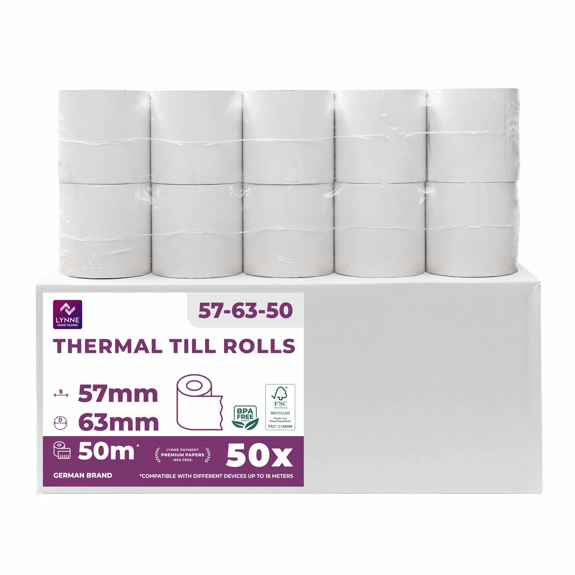 Papel térmico 57mm x 50m x 12mm - ideal para todas las cajas registradoras y TPV - Rollos para impresora térmica - (57x55x12) Blanco -Sin BPA (50 Rollos)