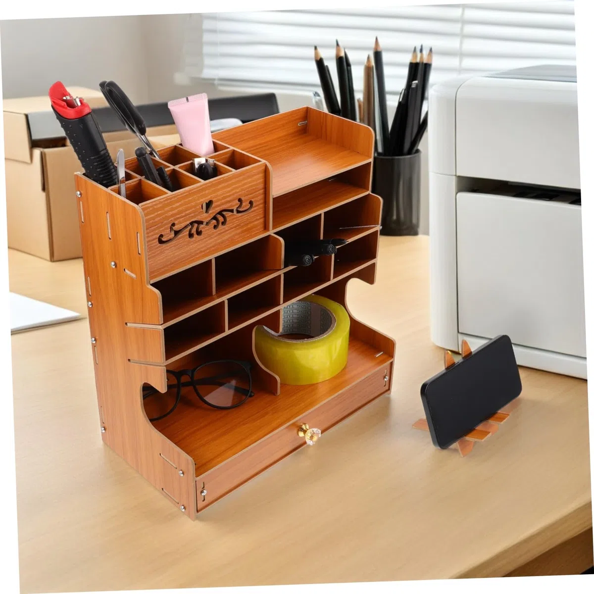 Caja De Almacenamiento De Papelería De Madera Portalápices De Madera Con Múltiples Compartimentos Organizador De Escritorio Para Bolígrafos y Papelería Para Oficina y Estudio