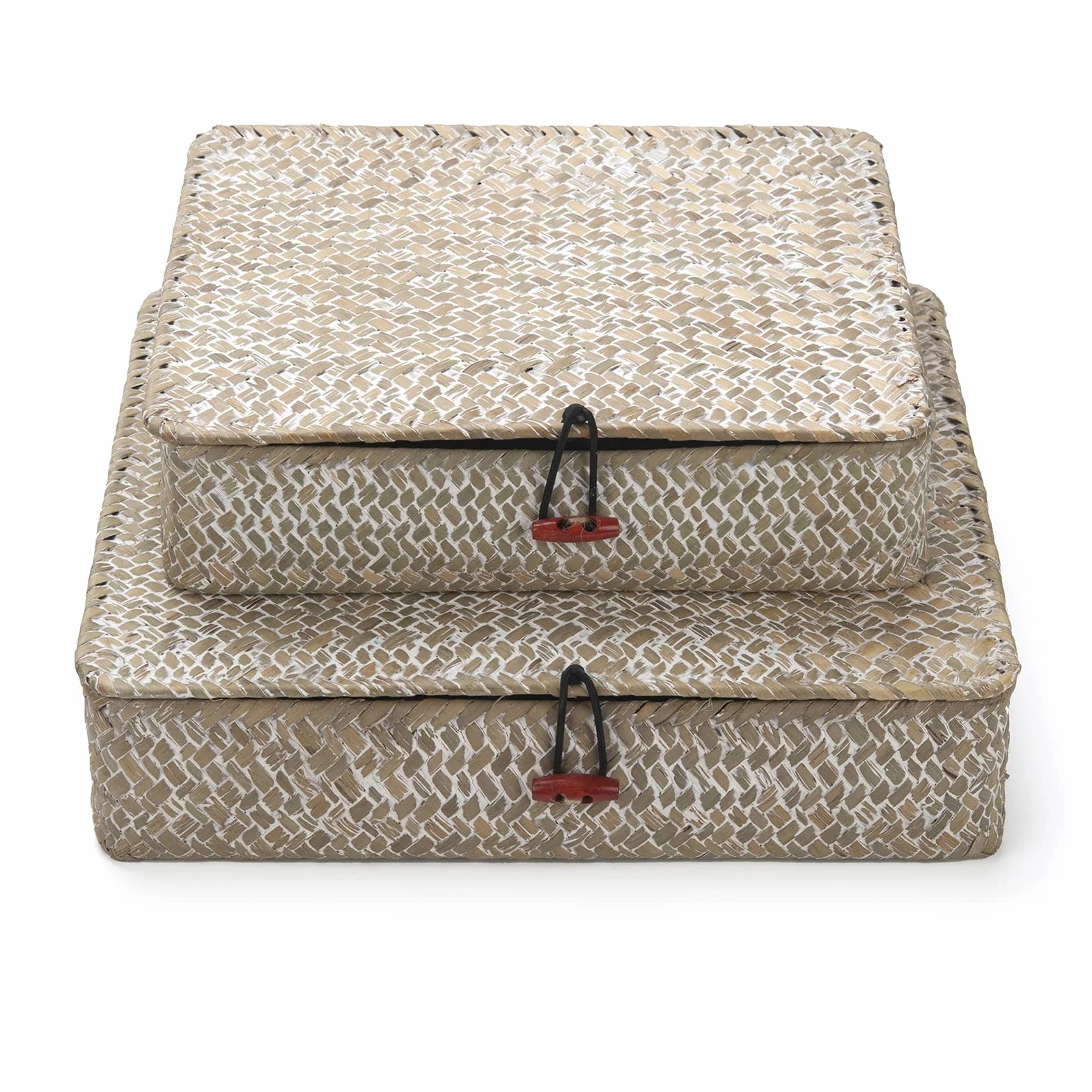 Cesta Almacenamiento con Tapa Seagrass Ratán Cestas de Mimbre Rectangular 2 Piezas (Grande + Pequeño)