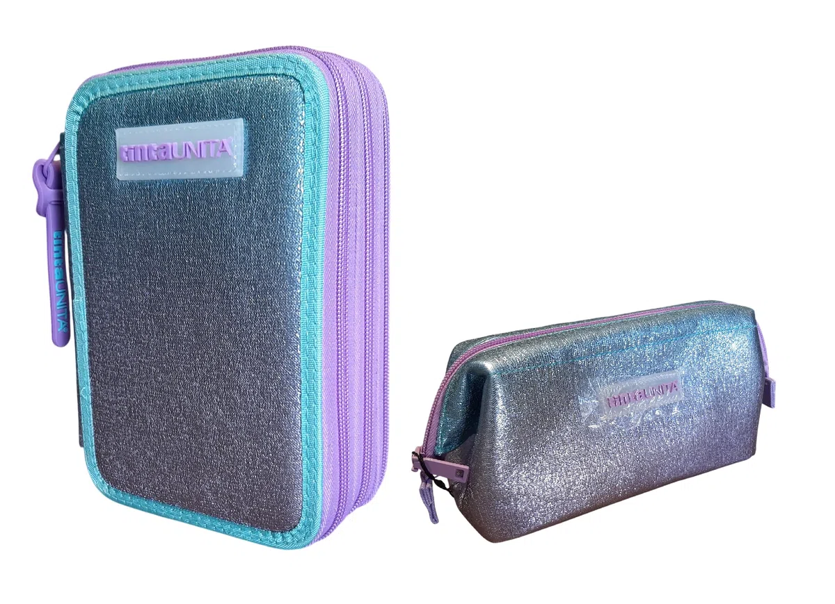 PRESTIGE & DELUXE Estuche completo de color liso Pool Over 3 cremalleras Gradient azul violeta completo de papelería + estuche sobre cremallera para escuela niña niña + llavero y bolígrafo de color
