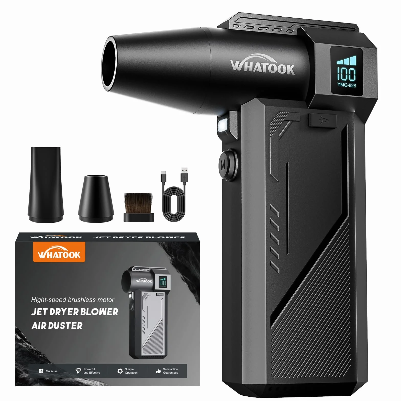 WHATOOK Soplador de Polvo Eléctrico：Plumero de Aire Comprimido 250000RPM 3 Velocidades，Con pantalla LED, Soplador Aire Comprimido para Ordenador, Coche, Oficina,Sofá (828 Air Duster)