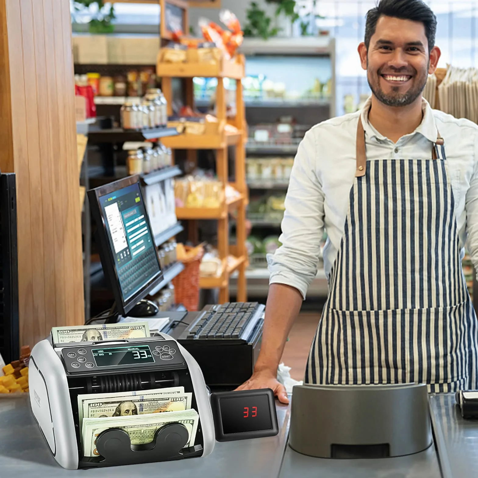 VEVOR Contador de Dinero Contador de Billetes con Detección de Falsificaciones UV, MG, IR y DD, Máquina Contadora de Efectivo en USD y EUR con LCD Grande y Pantalla Externa para Pequeñas Empresas