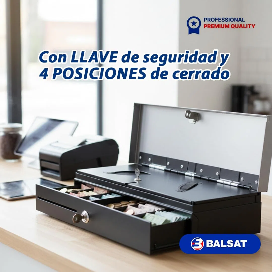 BALSAT | Cajón de Monedas Profesional | Cajón Eléctrico Con Apertura Vertical | 46x17x10 cm | Compartimentos Para Monedas y Billetes | Llave de Seguridad | Conexión RS-232 y RJ-11 | Diseño Compacto
