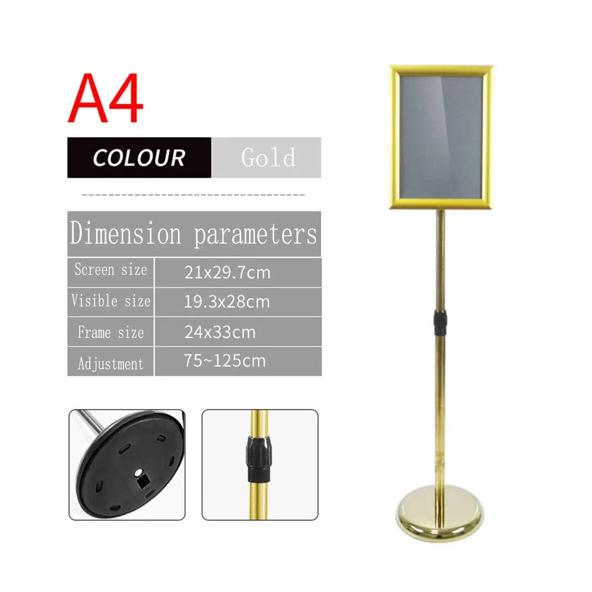 Soporte para letreros A4, Expositor para Carteles, Pedestal, Ajustable, para Suelo, menú, A4 Dorado