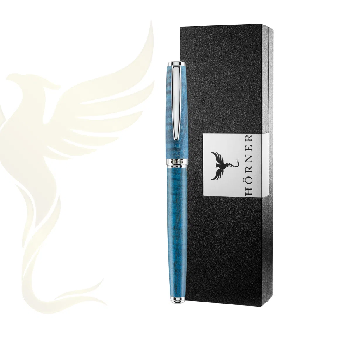 Hörner Primus Oceanus - Pluma estilográfica de madera azul océano, pluma de acero inoxidable, suave flujo de tinta, para cartuchos de tinta estándar, caja de regalo