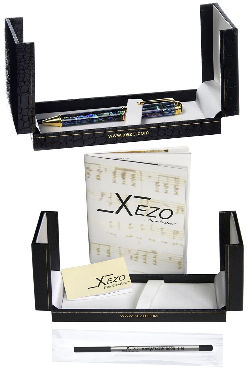 Xezo Bolígrafo Paua Abalone de Nueva Zelanda, chapado en oro de 18 quilates, diámetro del bolígrafo: 12 mm, longitud de 145 mm, peso 46 g. (Maestro SeaShell B)