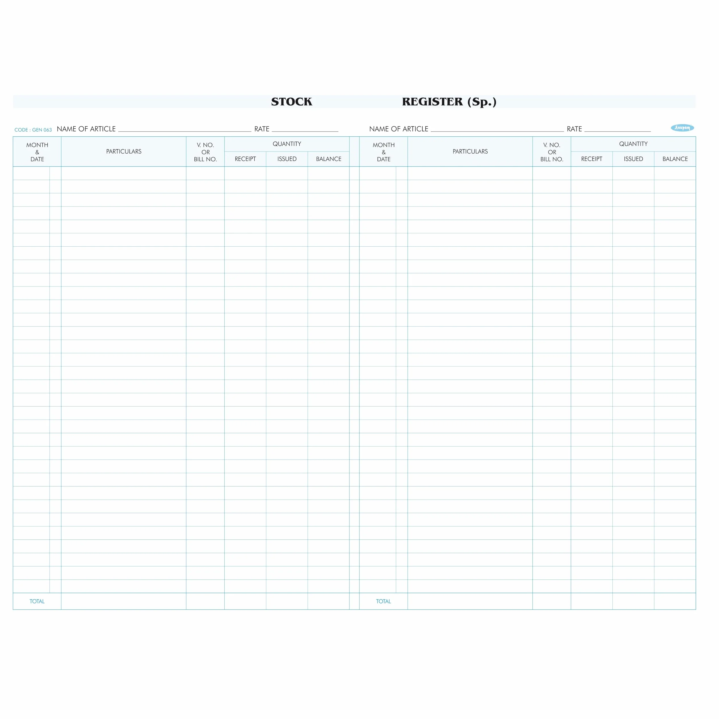 Anupam Registro de existencias | Papel de contabilidad verde | 100 g/m², 140 páginas | Numeración de serie A-Z | Tapa dura para una larga durabilidad | Almacén y fábrica (GEN 063, 2QR)