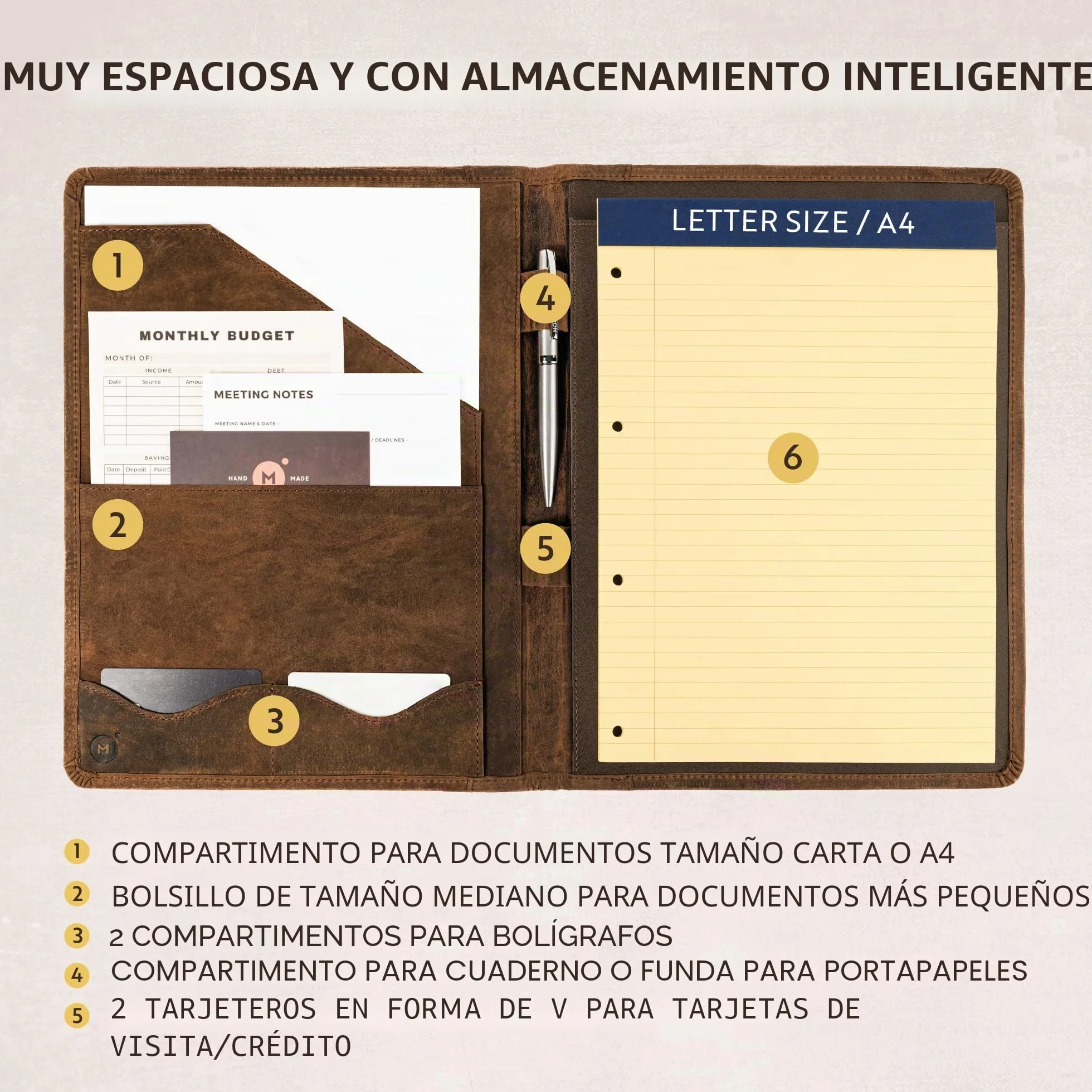 Moonster Portadocumentos de Cuero – Carpeta de Documentos A4 – Portafolio de Cuero con Lujoso Bolígrafo Bloc de Notas y Portatarjetas – Portadocumentos para Mujer y Hombre