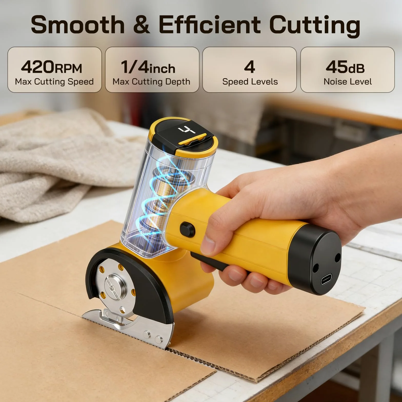 Cortacartón inalámbrico 420 RPM, tijeras eléctricas con 2 cuchillas, pantalla LED y digital, 4 velocidades, cortadora rotativa para corte preciso de tela, cuero y cartón.