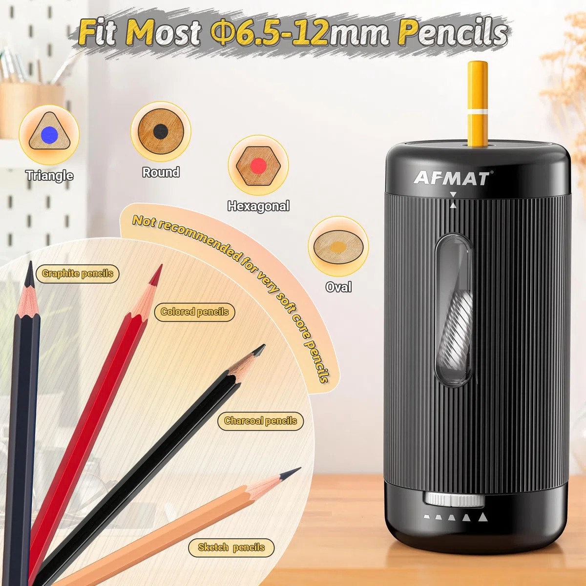 AFMAT Sacapuntas eléctrico totalmente automático, entrada y salida automática, sacapuntas recargables, manos libres, totalmente automáticos, para lápices de colores y jumbo, 6,5-12 mm, portátil para
