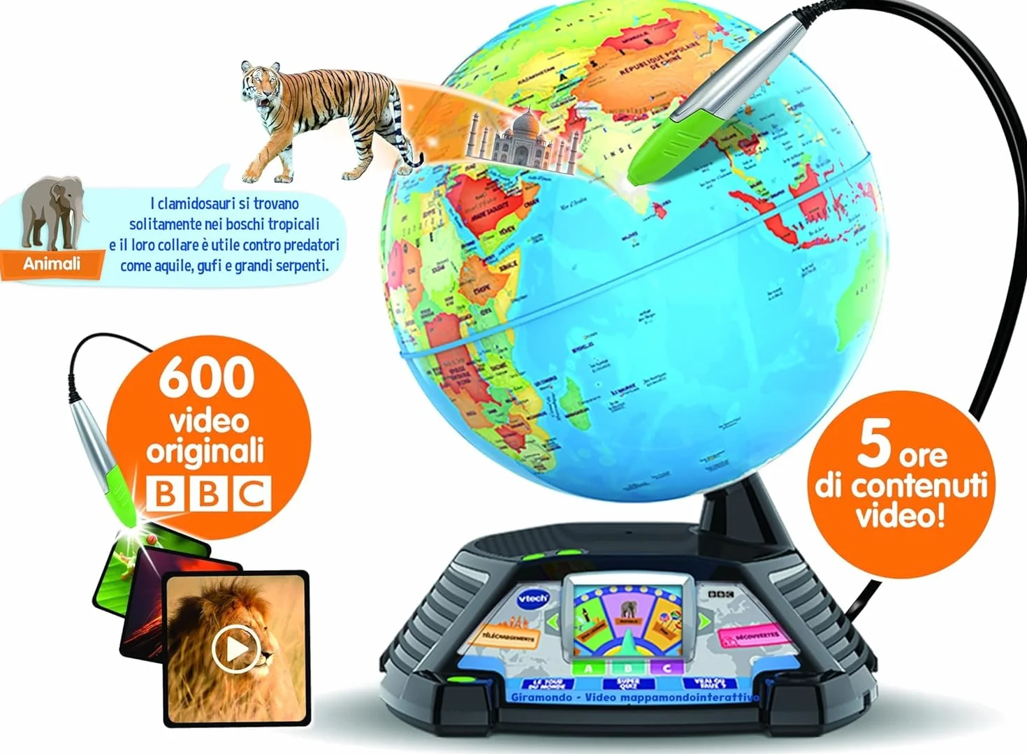 VTech Giramondo – Video globo terráqueo interactivo, mapamundi para niños con bolígrafo táctil y pantalla de 2,7 pulgadas, incluye 600 videos BBC, juegos educativos y cuestionarios, idioma italiano,