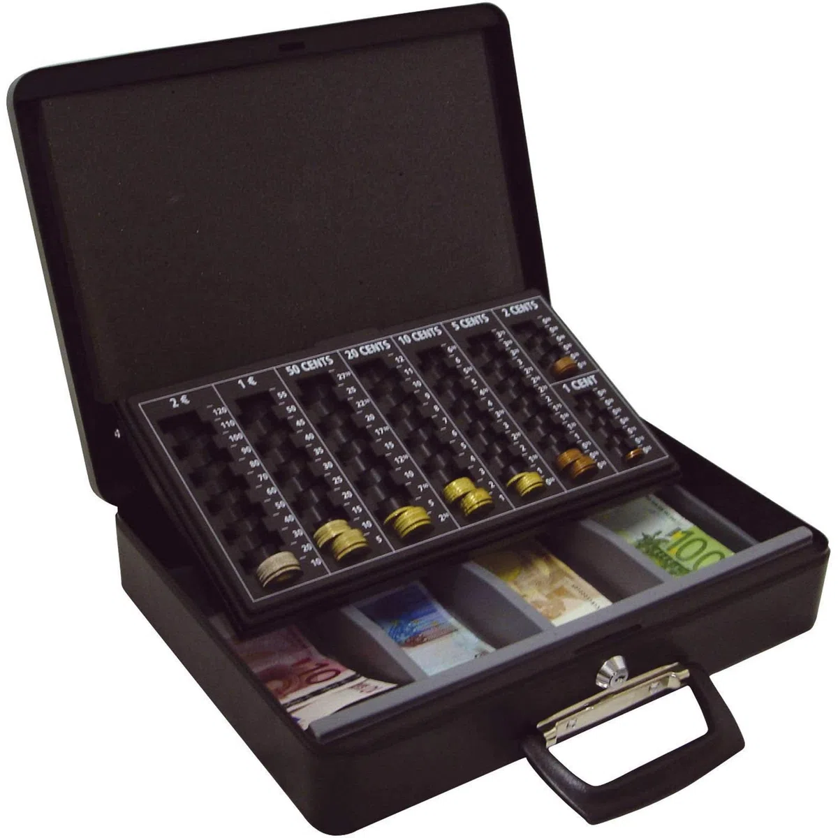 Q-Connect Caja CAUDALES 14,5" 370X270X95 MM con PORTAMONEDAS Y Bandeja para Billetes