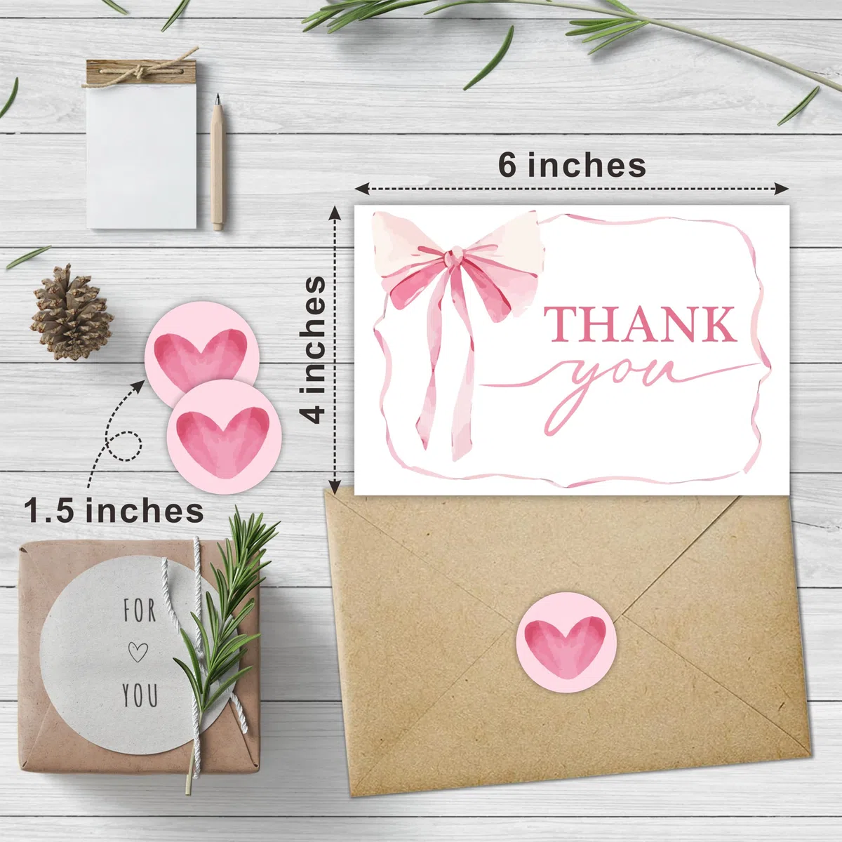 30 tarjetas de agradecimiento con lazo rosa con sobres y calcomanías, tarjetas de agradecimiento para baby shower y boda, tarjeta de regalo para profesores, graduación, negocios, vacaciones y fiesta