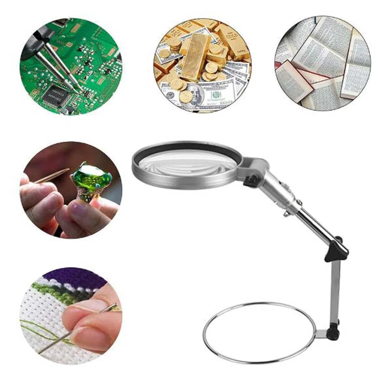 Lupa Multifuncional de 2,5 aumentos con Lupa de Lectura LED, lámpara de Escritorio iluminada con Manos Libres y Brazo de sujeción for Pasatiempos,Manualidades,
