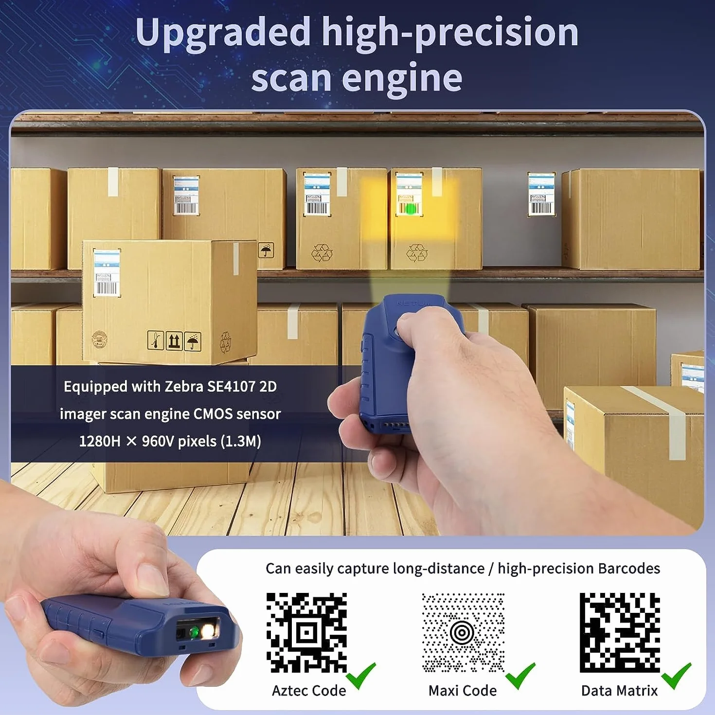NETUM E950 Escáner de código de Barras 2D Bluetooth, 3 en 1 Lector de código de Barras QR portátil pequeño Automático Clip Trasero inalámbrico Trabajo con Tableta iOS Android Windows MacOS