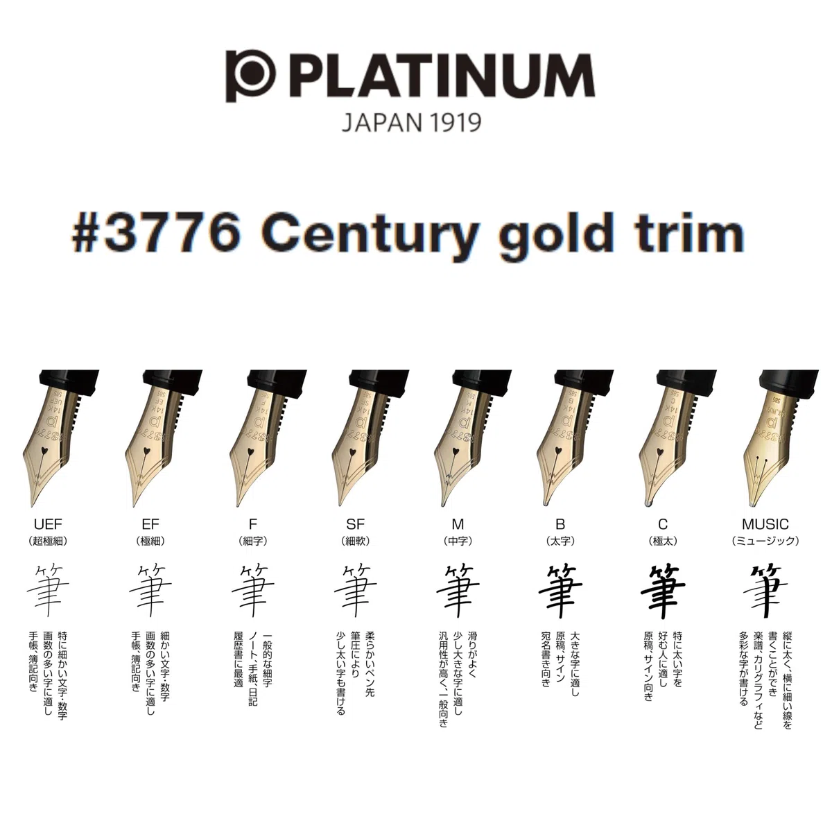 PLATINUM Pluma estilográfica japonesa #3776 Century Gold Trim Chartres Blue C/Azul/0,54-0,64 mm/Hecho a mano/pluma de oro de 14 quilates con caja de regalo PNB15000-51C
