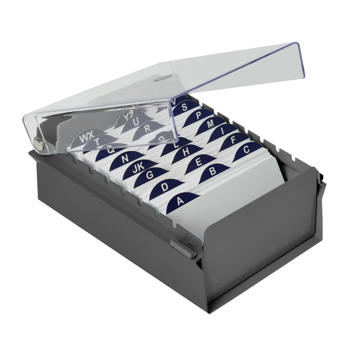Acrimet Porta Tarjeta 3"x 5", Organizador de Fichas, Base de Metal Resistente (Incluye Índice AZ y un Divisor de Plastico) (Base Gris y Tapa de Plástico Transparente)