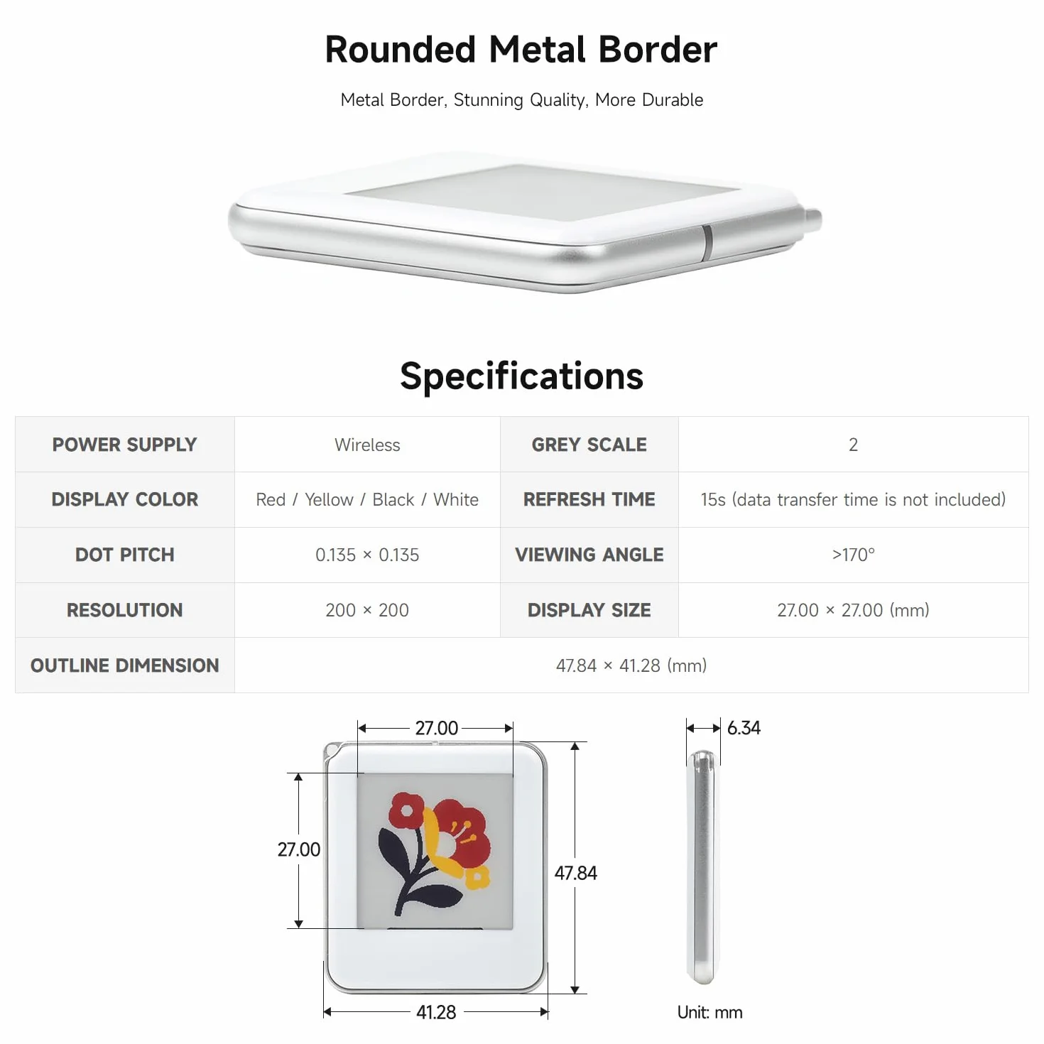 Waveshare 1.54inch Passive NFC-Powered E-Paper (G), Red/Yellow/Black/White 4-Color Displaying, No Battery, Wireless Powering & Data Transfer, Silver Metal Border