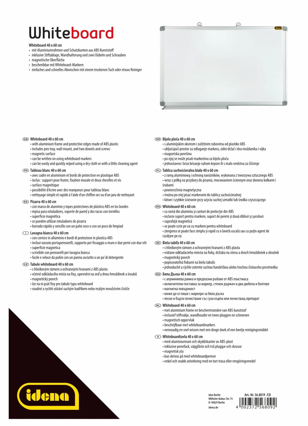 Idena AWB4060 - Pizarra (40 x 60 cm), color blanco