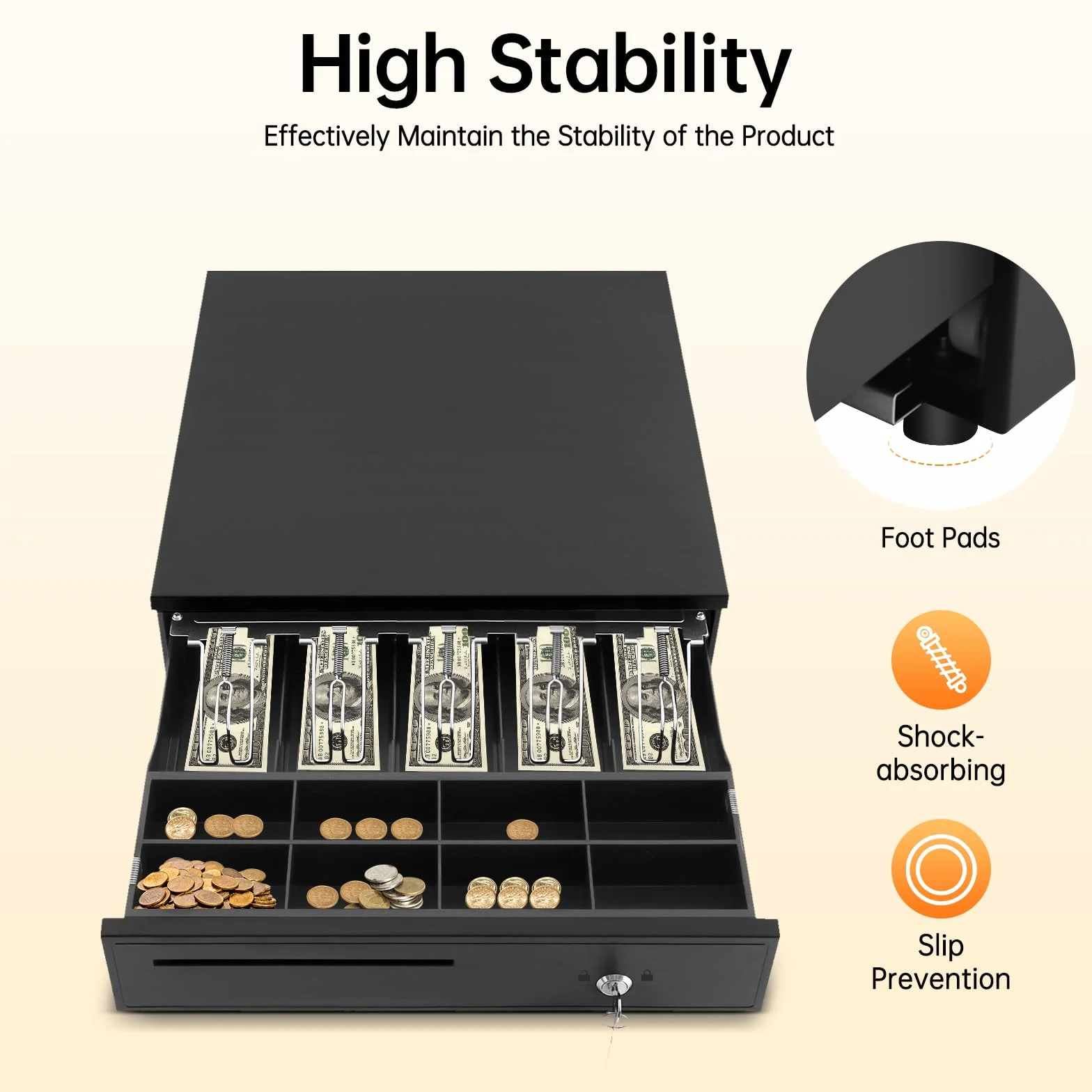Cajón de efectivo profesional con 5 billetes y 8 compartimentos para monedas, sistema de seguridad triple, construcción de acero robusto, para cajas registradoras, tiendas y supermercados, 42 x 40 x