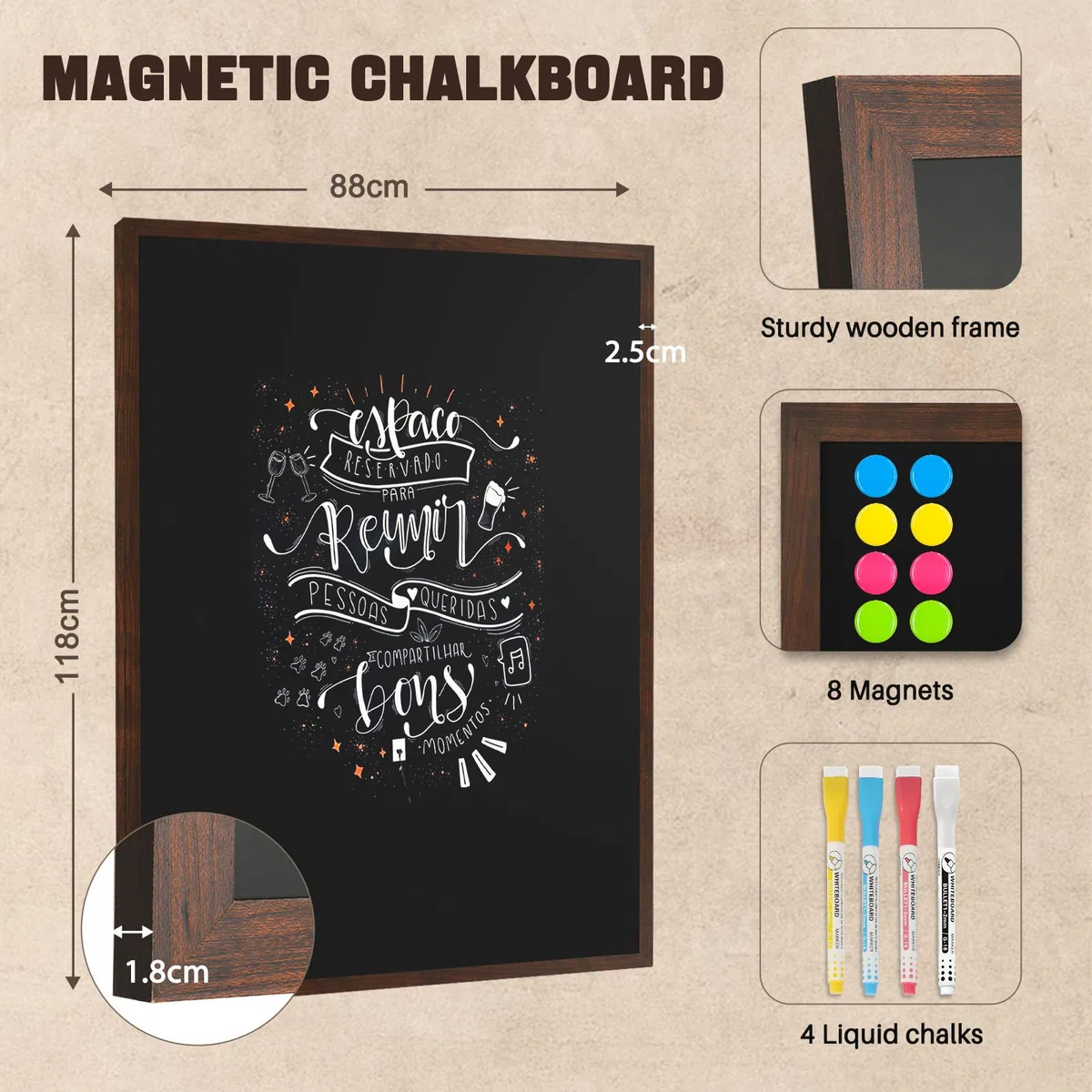 DOLLAR BOSS Pizarra magnética grande de 90 x 120 cm, para montar en la pared, pizarra negra para paredes, menú, marco de madera rústica para oficina, escuela, café, cocina