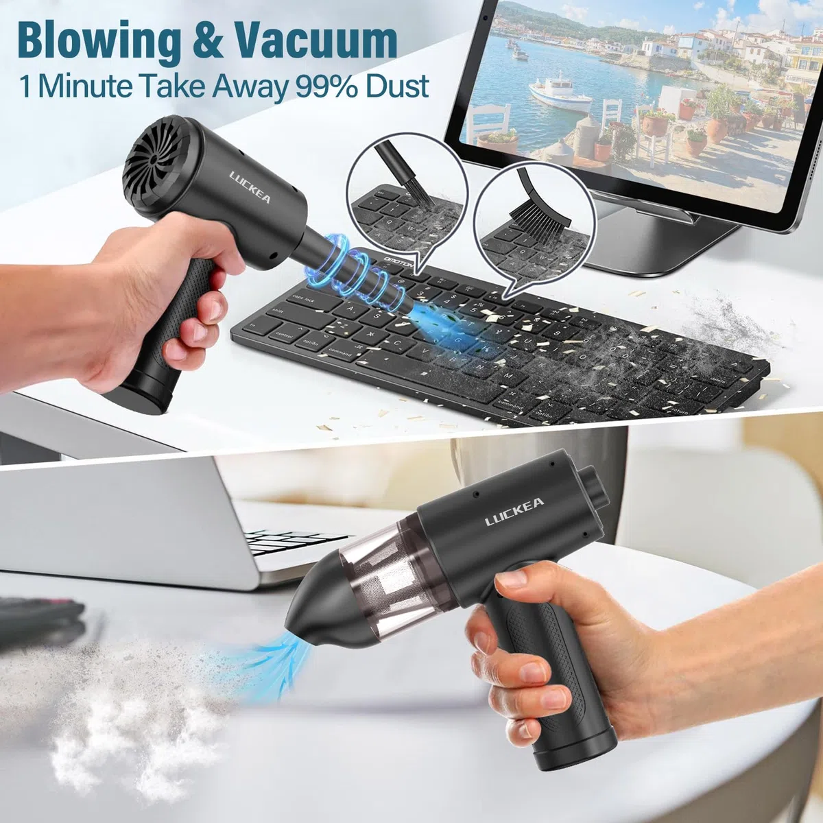 Pulverizador de aire comprimido eléctrico con 3 marchas, 2 en 1, pulverizador de aire comprimido, aspiradora de mano, batería de 6000 mAh, Air Duster para portátil, teclado, electrónica, limpieza del