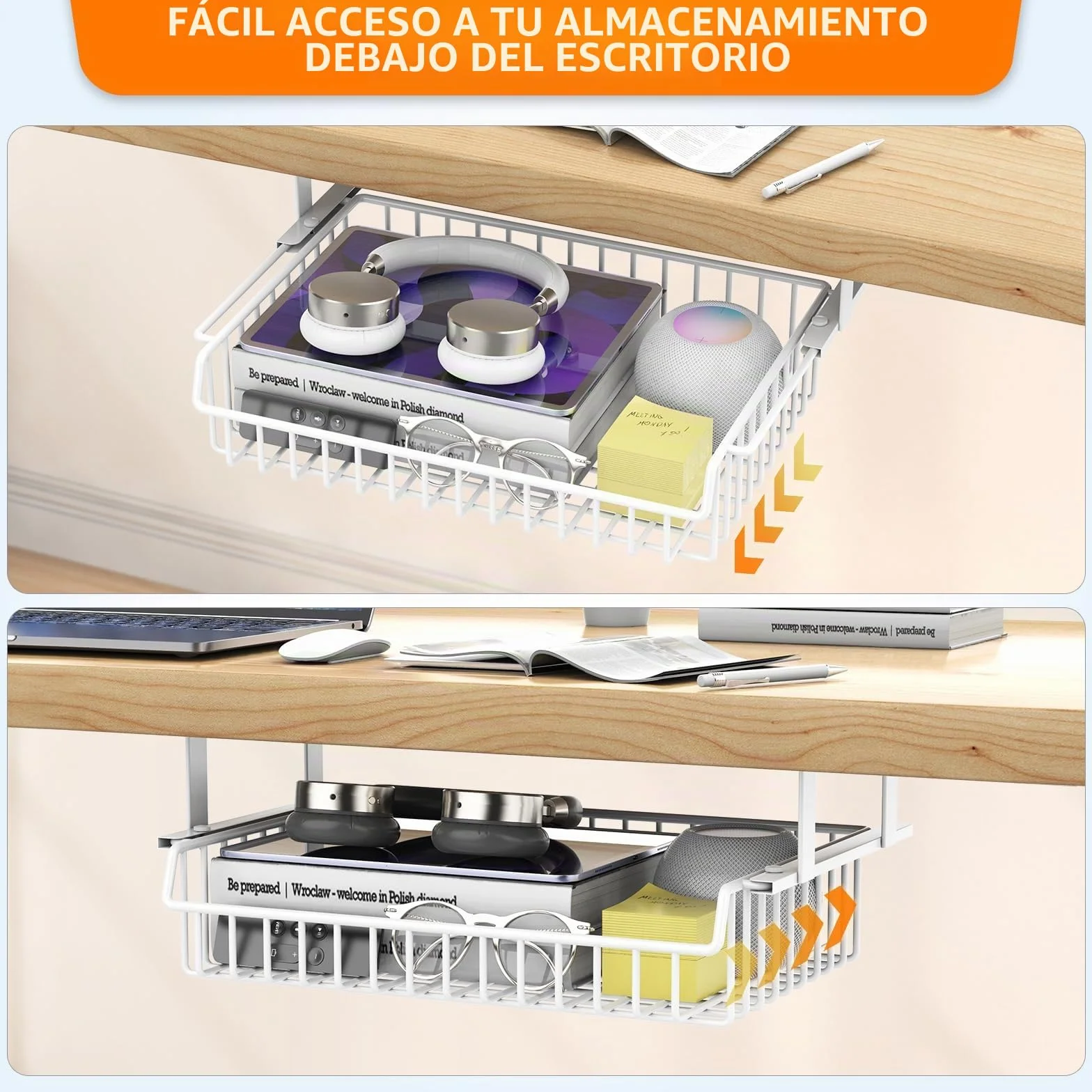 ENONCI Cajón Debajo del Escritorio Organizador de Metal Gran Capacidad Blanco